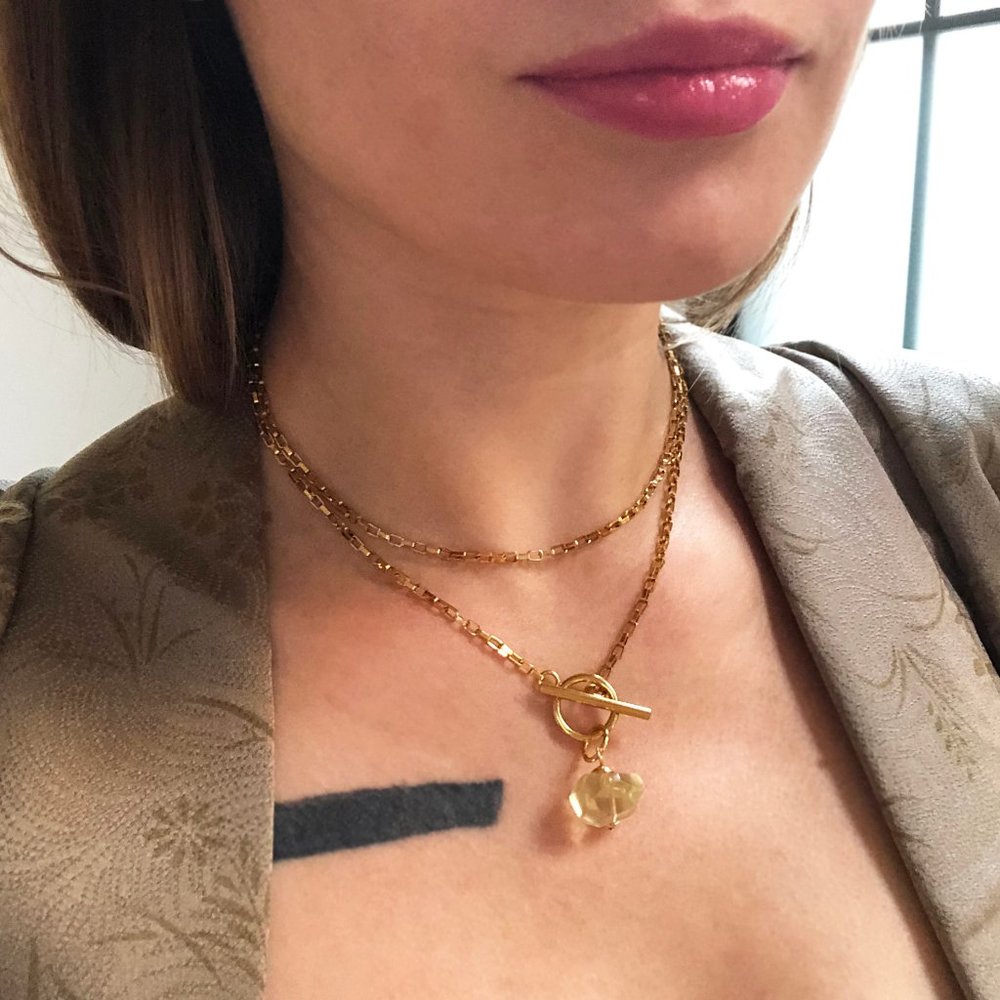 Lemon quartz pendant necklace long, gold stacked necklace for women